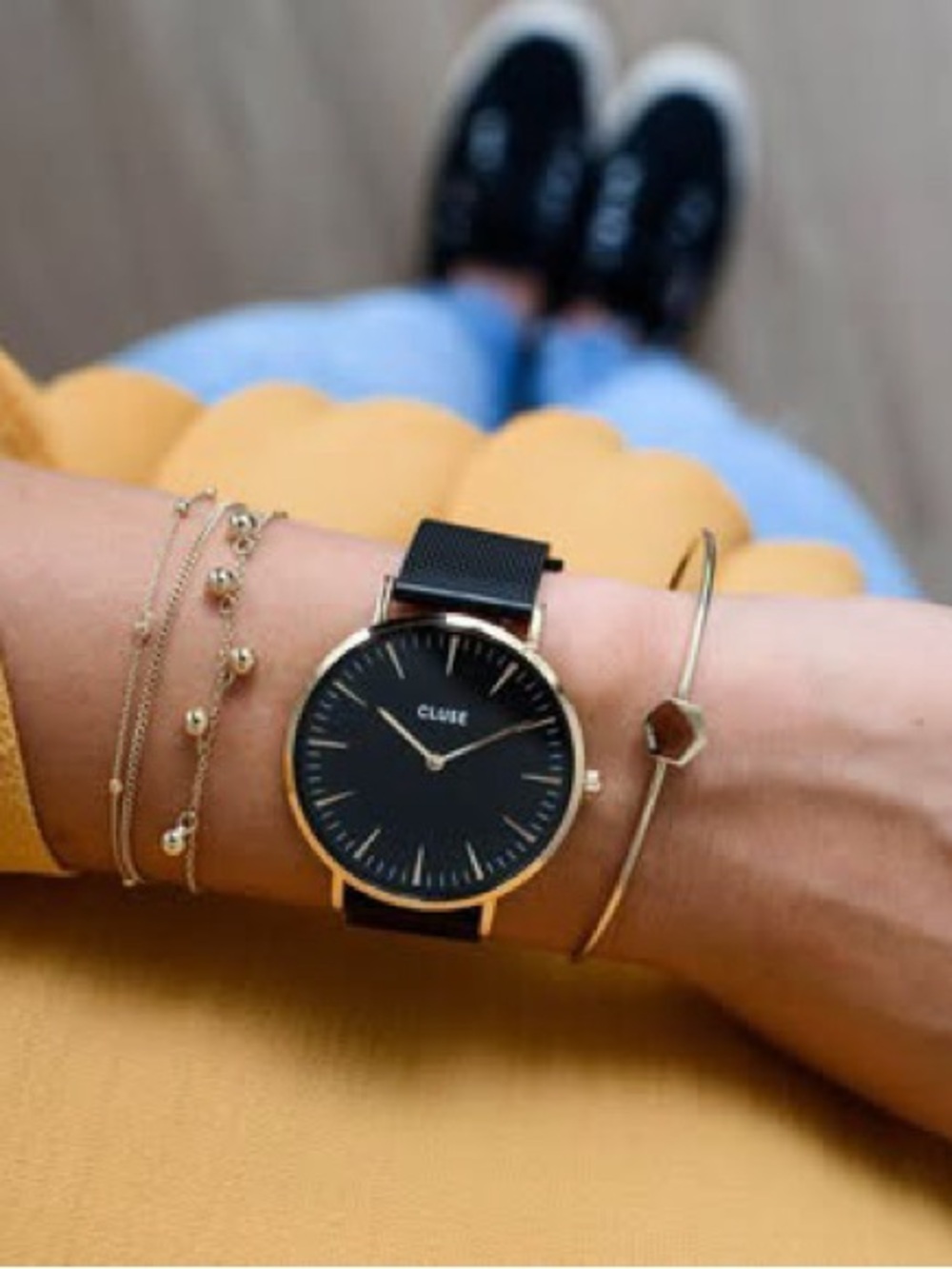 Cluse La Boheme Women's Quartz Watch Black Mesh Band Gold Case Stainless NWT